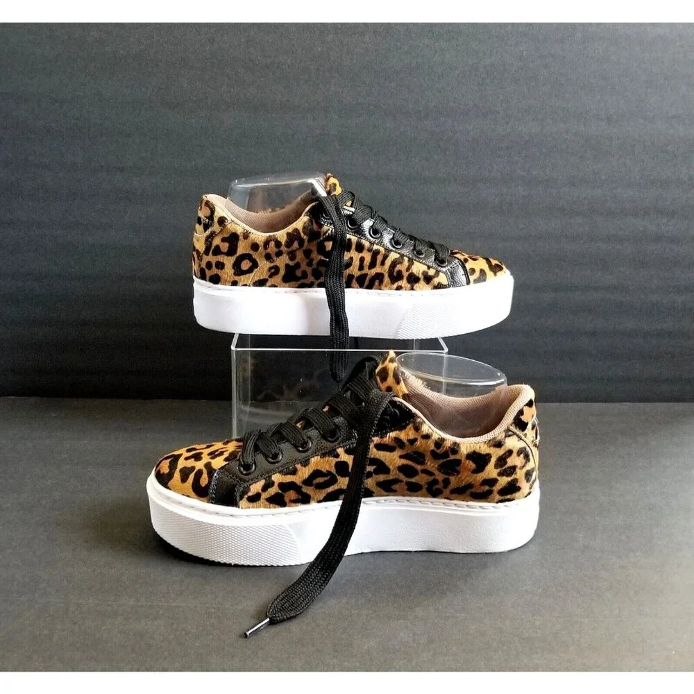 NATALY MENDEZ Brown Leopard Sneakers Sz 37 7 Lace Up Leather Calf Hair - Picture 8 of 15
